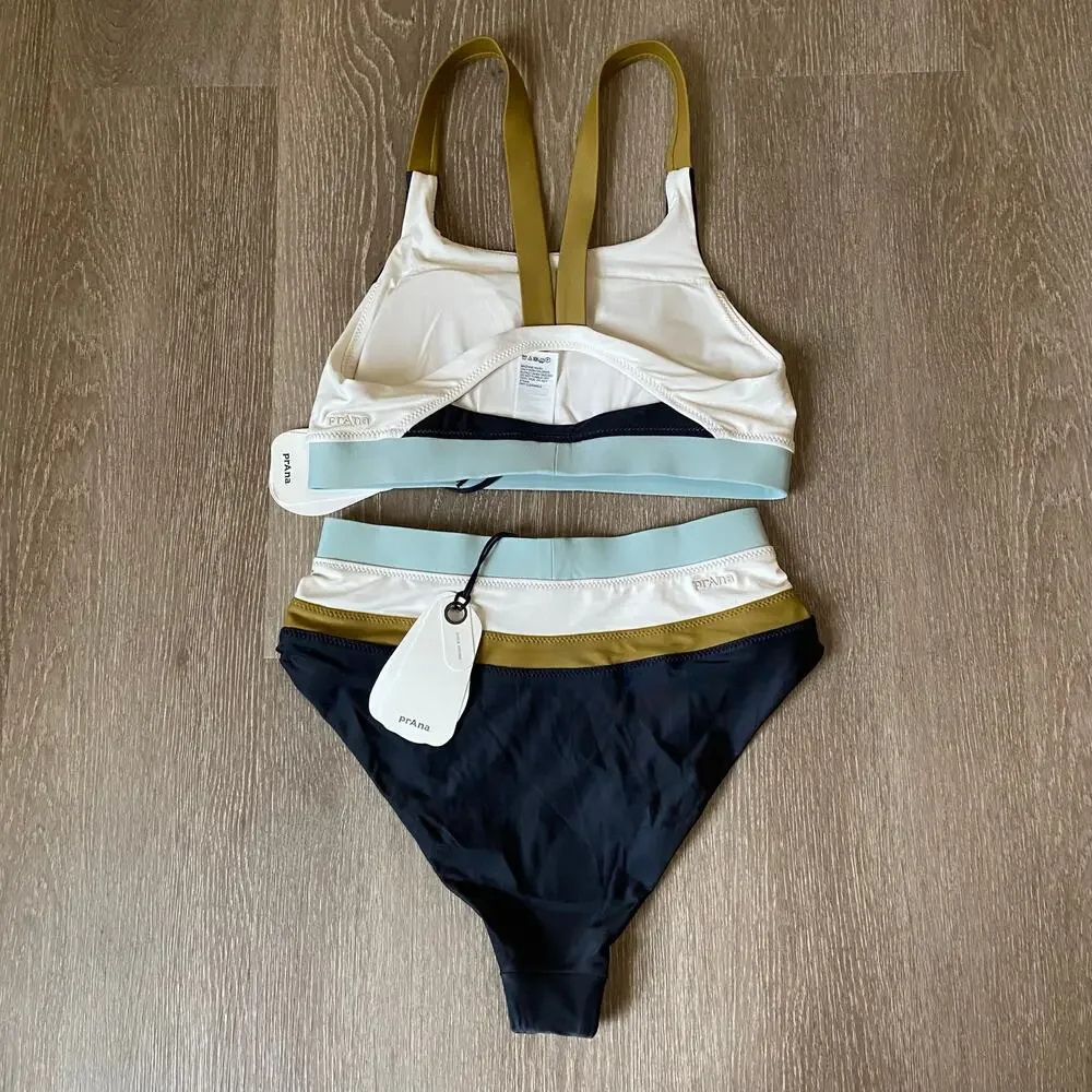 Prana Baja Bound Sport Top & High Rise Bottom Sz XS Black Colorblock Bikini Set
